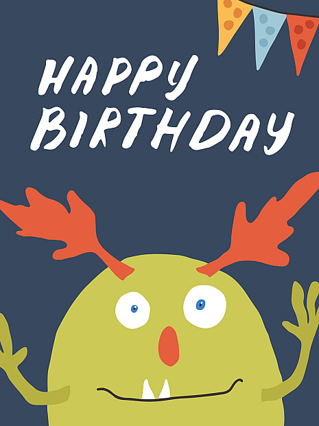 Das Bild zeigt eine cartoonartige grüne Kreatur mit rotem Geweih, großen Augen und einer roten Nase. Die Figur lächelt breit und zeigt dabei zwei sichtbare Zähne. Oberhalb der Kreatur steht der Schriftzug „Happy Birthday“.